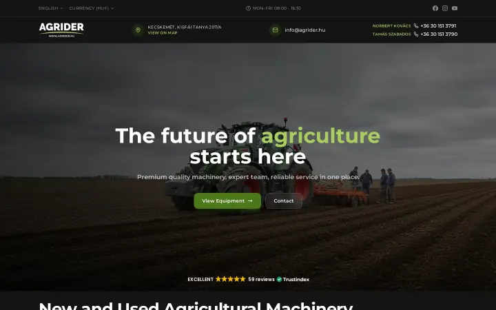 Web de Agrider, versión en inglés, vista de escritorio